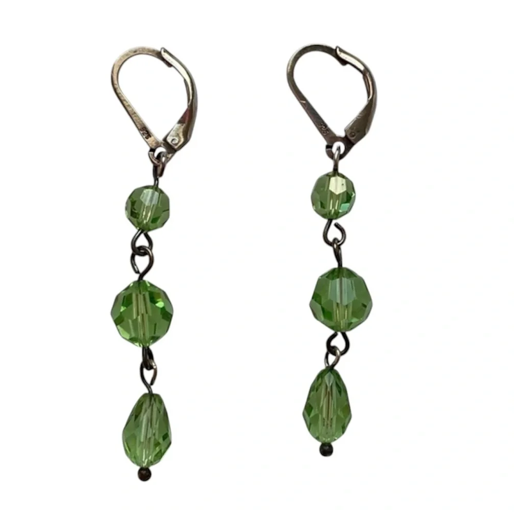 925 Sterling Silver Lime Green Crystal Beaded Dangling Ball Drop Earrings NEW